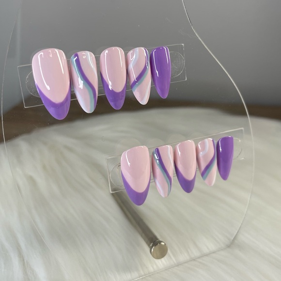 Handmade press on nails Pastel Pink Purple French Nails - Picture 1 of 5